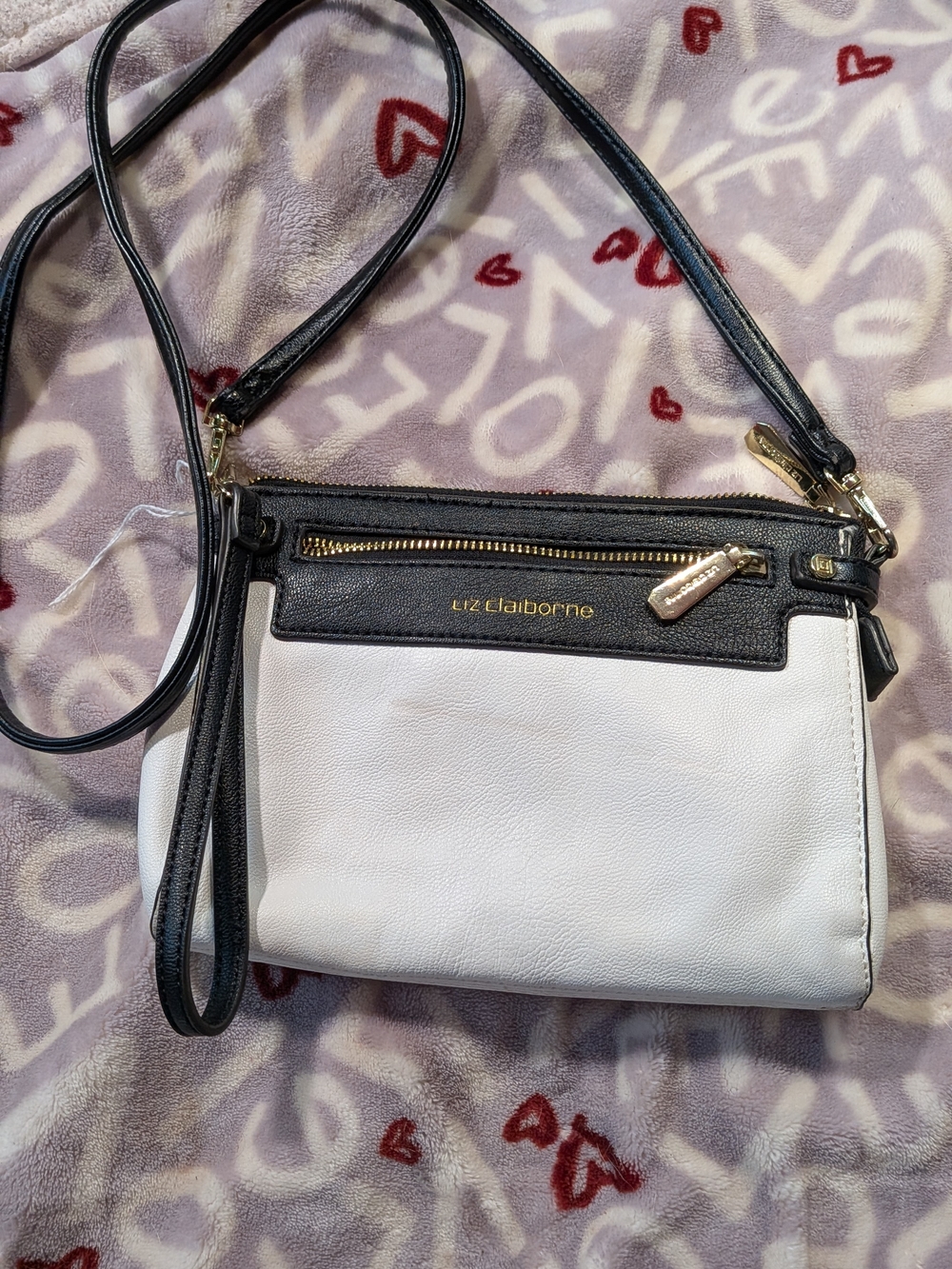 Liz Claiborne Black and White Mini Crossbody with Gold Accents